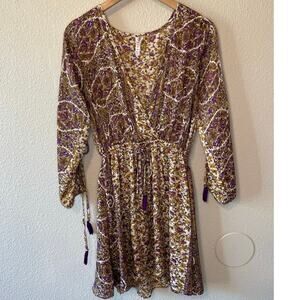 RAGA Bohemian Slit Sleeve Cold Shoulder Gold & Purple Floral Mini Dress Size XS